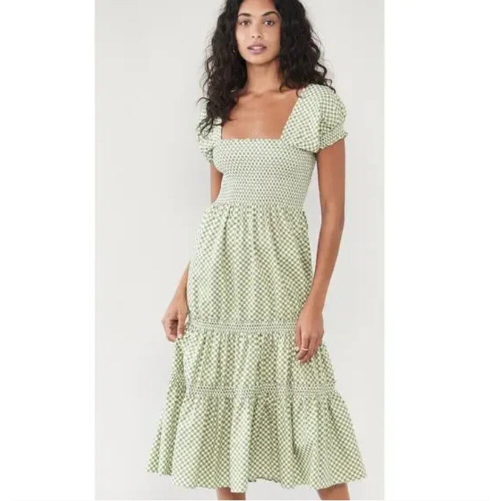o.p.t‎ NWOT Square Neck Smocked Maxi Dress Green Gingham Size Large